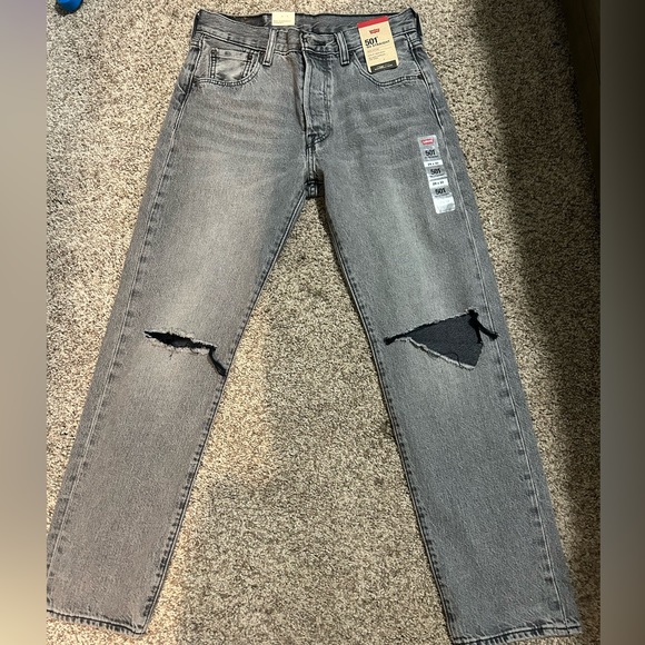 Levis 501 Jeans Mens 29x30 Gray Straight Relaxed Cotton Denim Ripped 93s Button - Picture 2 of 6